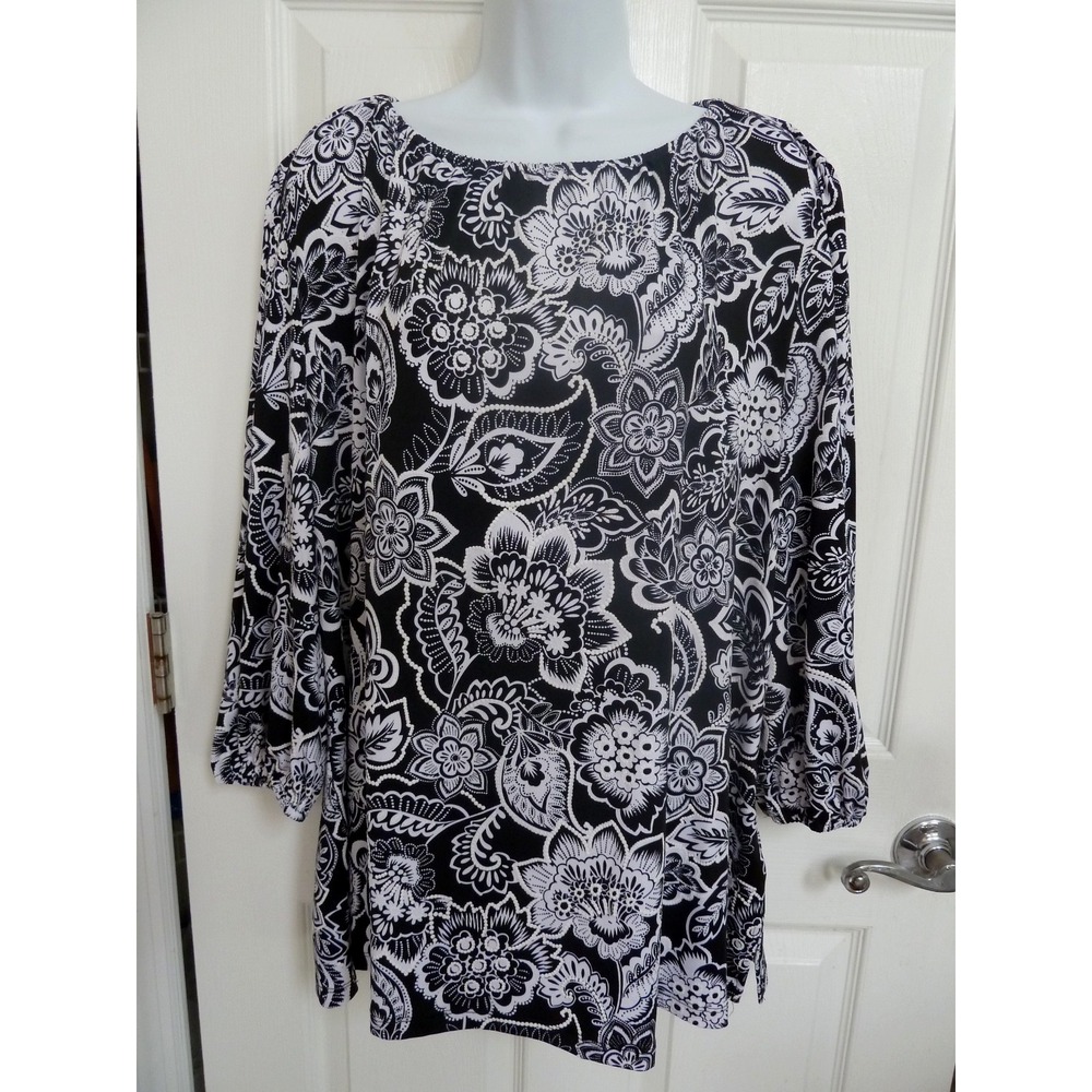 RUBY RD. Plus Sz 2X Pullover Elastic Neck & Sleeves Blouse Dark Floral